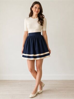 Orla Kiely Pleated Skirt Size High Waist Navy Cotton Size 10 (Runs Small)